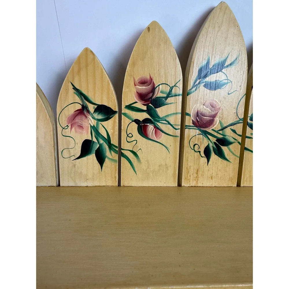 Vintage Hand Painted Wood Picket Fence Wall Shelf Pink Roses 3 Peg Rack 15in